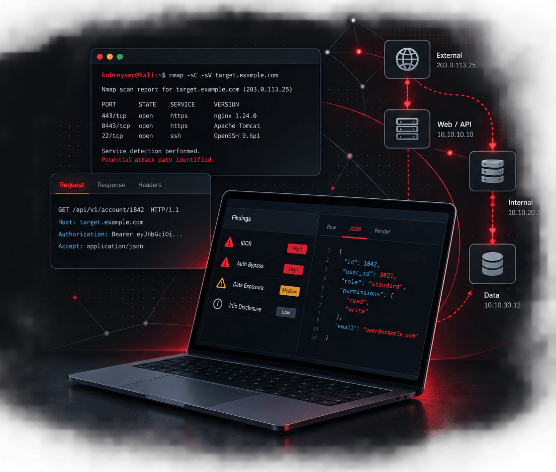 Illustration of penetration testing activity with terminal output, an API request, vulnerability findings, and an attack path across systems
